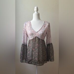 BONGO Sheer Floral Boho Babydoll Blouse Bell Sleeve Tie Waist Medium